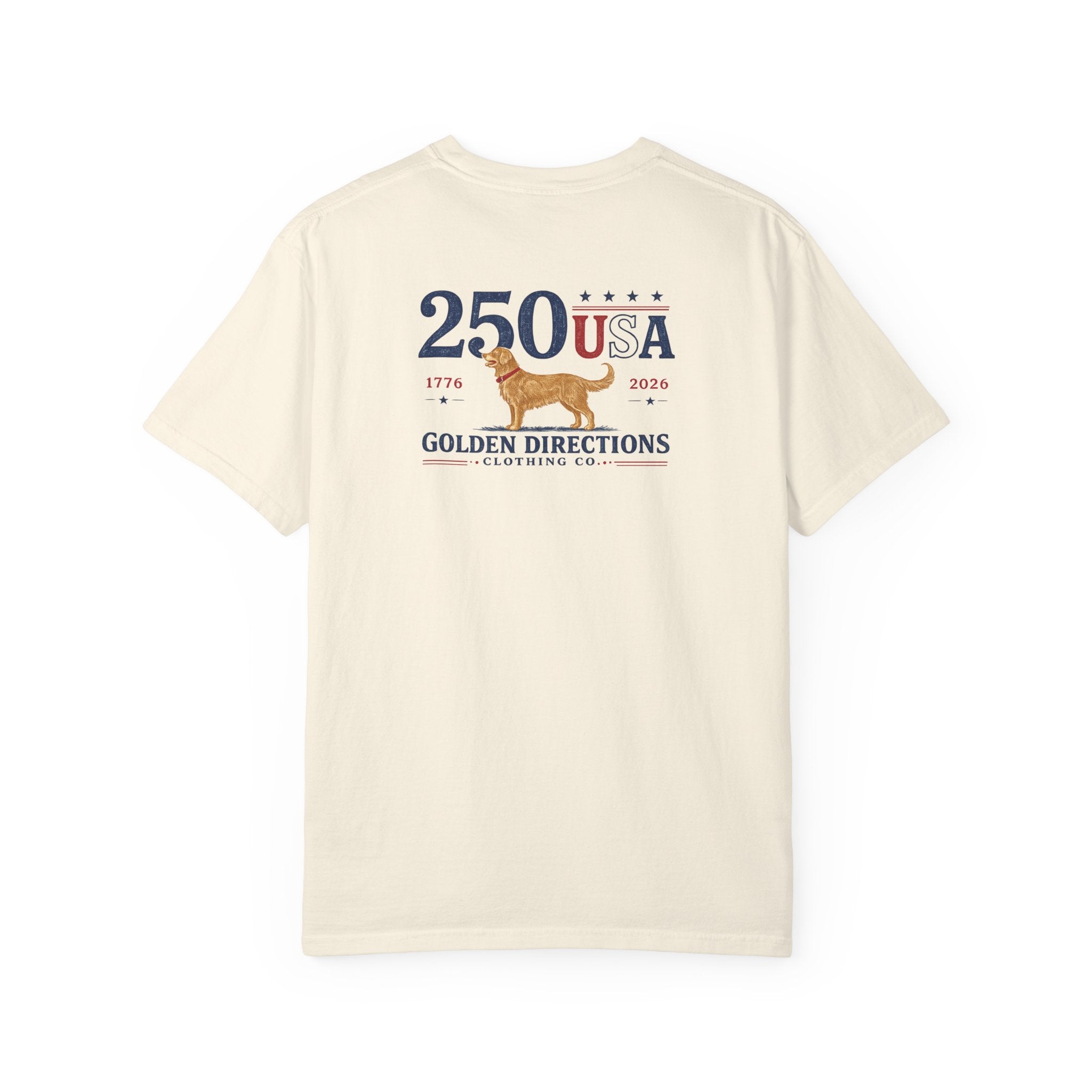 Golden Directions 250th Anniversary Tee — Retro Surf Dog USA 1776–2026