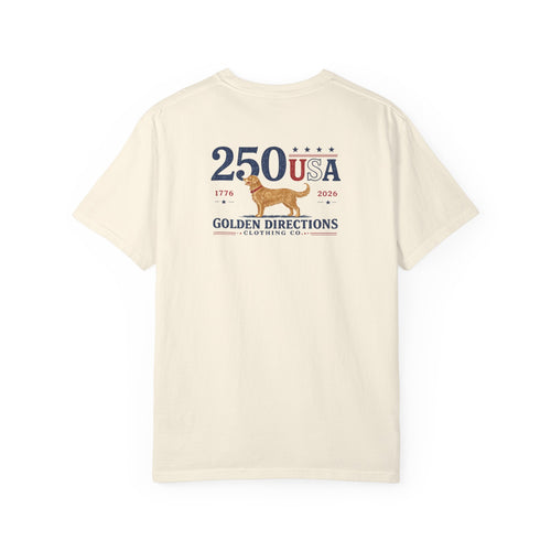 Golden Directions 250th Anniversary Tee — Retro Surf Dog USA 1776–2026