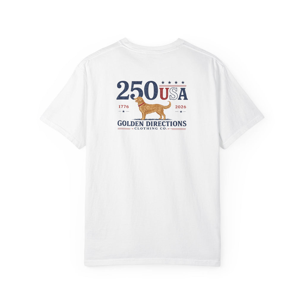 Golden Directions 250th Anniversary Tee — Retro Surf Dog USA 1776–2026